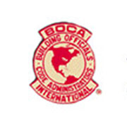 A red and white logo of the boca international building officials.